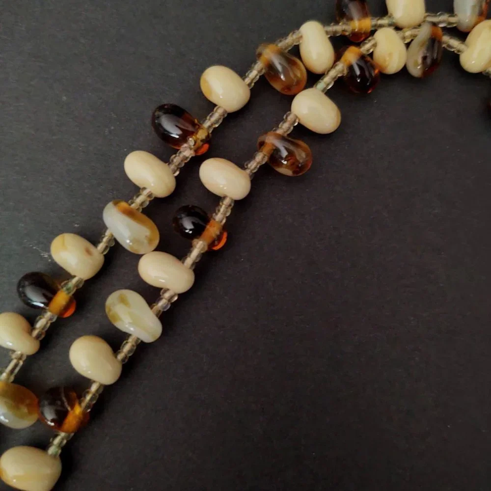 Honey, amber, beige, cream and cognac glass beaded necklace w/seed bead …